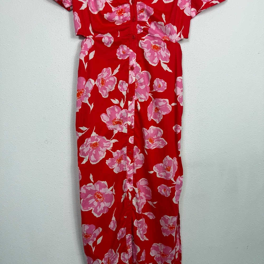 Old Navy Cutout Midi Shirt Dress Pink Floral Summer Collar Button Front XS - Picture 5 of 9
